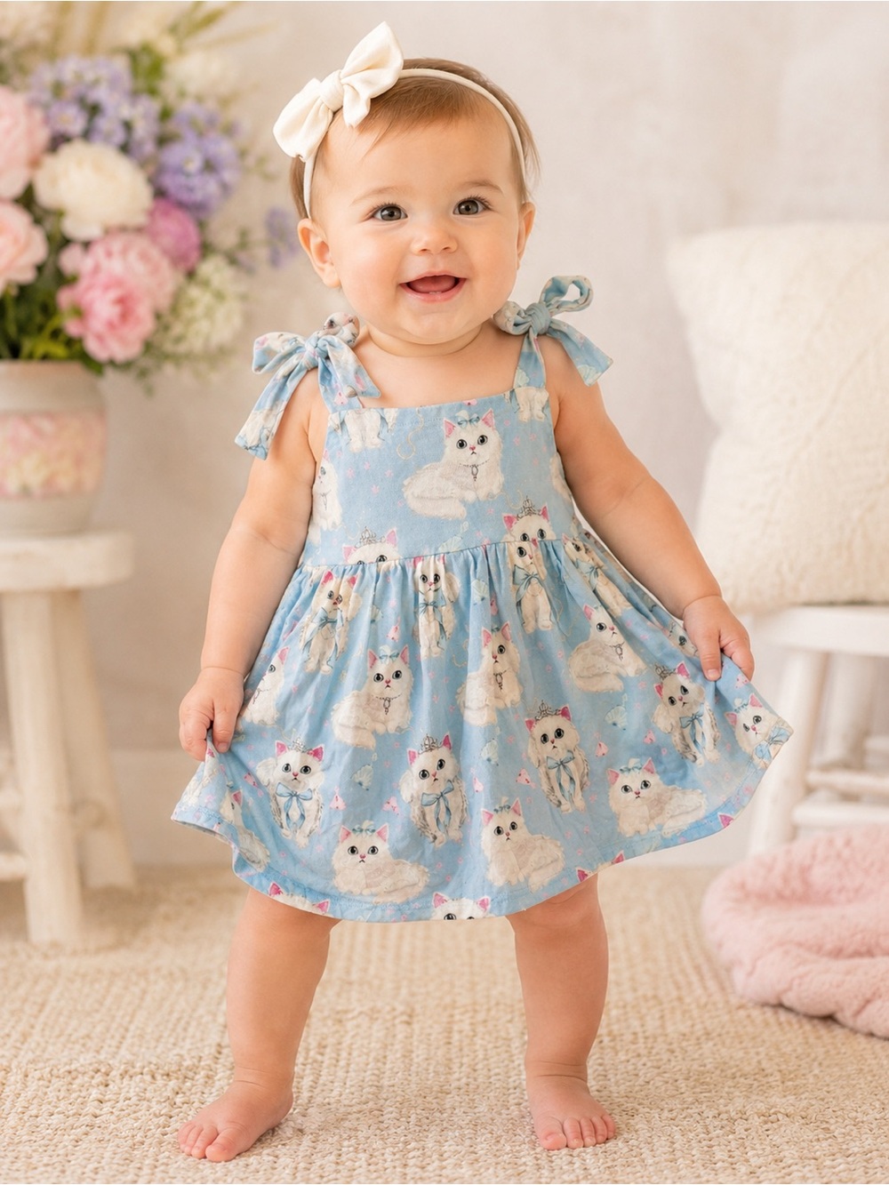 Posh Peanut London White Cat Bamboo Tie Shoulder Dress Size 6-12 Months EUC